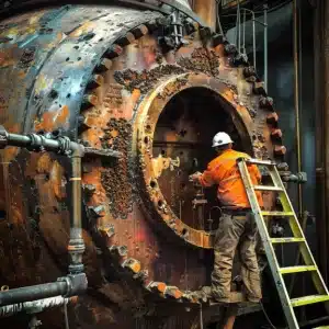 Worker inspects large corroded pressure vessel in industrial setting, wearing safety gear and using a yellow ladder.