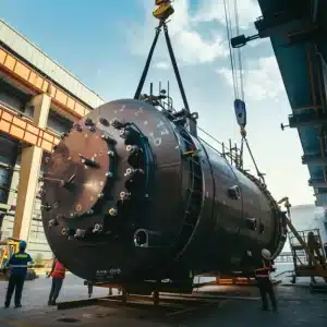 A large industrial pressure vessel being lifted by a crane with workers on the ground guiding the load at a factory site.