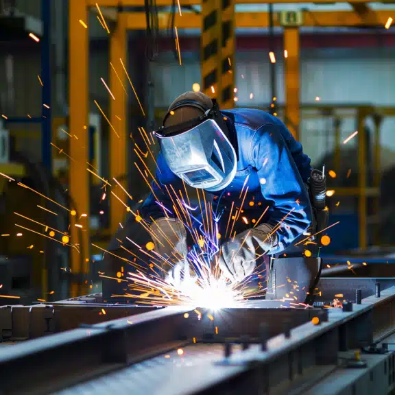 Industrial welder in protective gear working on metal structure, with bright sparks flying in a busy factory environment.
