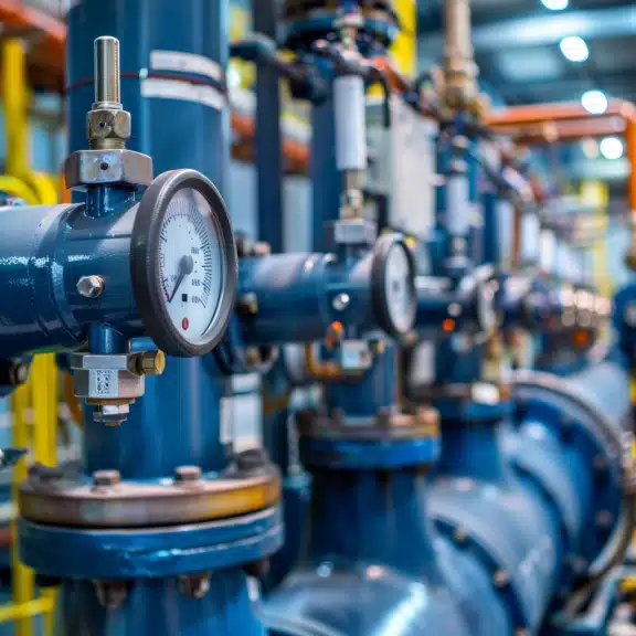 Close-up of industrial pressure gauges on blue pipes used for accurate pressure monitoring in a plant.