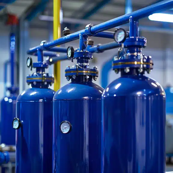 Row of industrial blue pressure vessels connected with gauges and pipelines, used in compressed air or water systems.