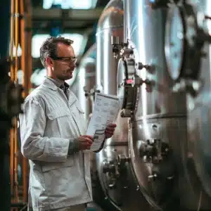 Engineer in lab coat inspects pressure vessel and reviews checklist in industrial manufacturing plant.