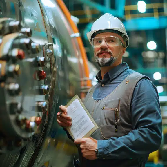 Engineer in hard hat and safety glasses inspects large industrial machine while holding documents in a factory.