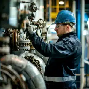 Industrial technician in blue hard hat and safety gear adjusting valves on large machinery in a factory setting.