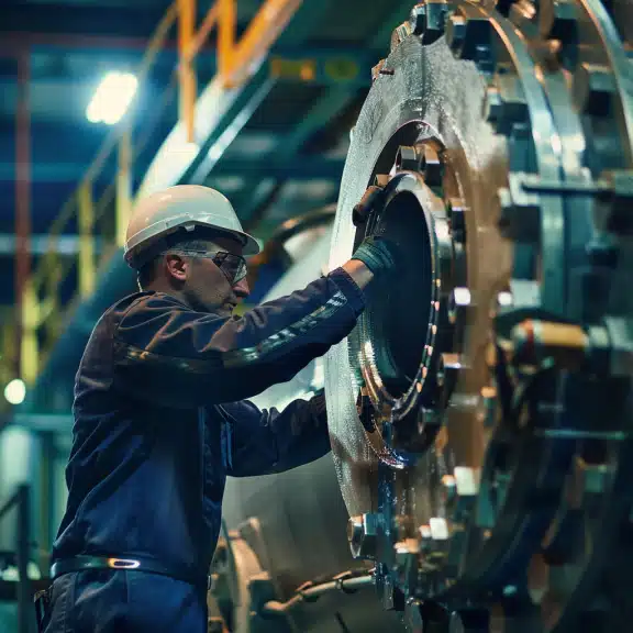 Industrial worker in safety gear inspects large circular pressure vessel component in a heavy manufacturing facility.
