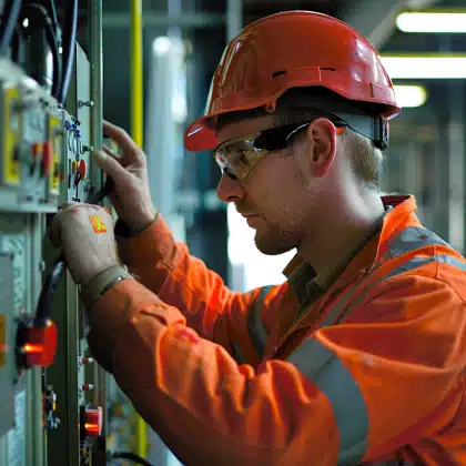 A construction worker in an orange safety suit and helmet, adjusting electrical equipment on a control panel in a workshop.