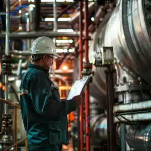 A worker in a hard hat reviews a clipboard, standing in an industrial plant with pipes and machinery around him.