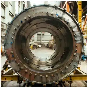 Interior view of a large industrial pressure vessel with various connection points visible, located in a factory setting.