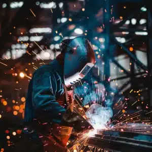 A welder in protective gear works on metal, surrounded by flying sparks in a dimly lit industrial workshop.