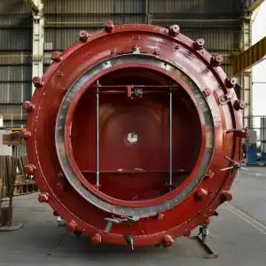 Close-up view of a large red pressure vessel with a circular opening, bolts around the rim, and industrial surroundings.