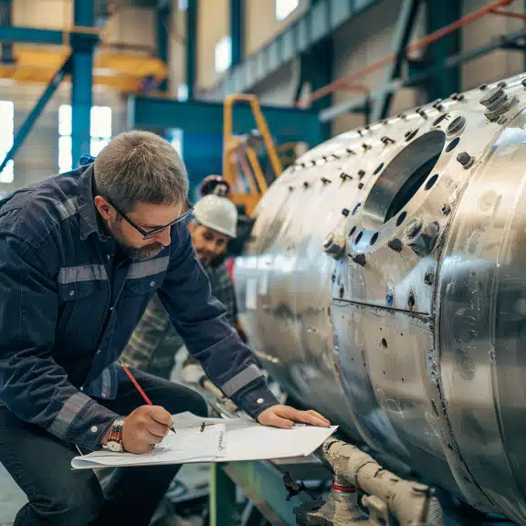 A worker in protective gear inspects a large industrial pressure vessel while taking notes in a manufacturing facility.