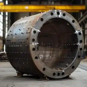 Large cylindrical industrial pressure vessel with numerous bolts and flanges, situated on supports inside a spacious factory.