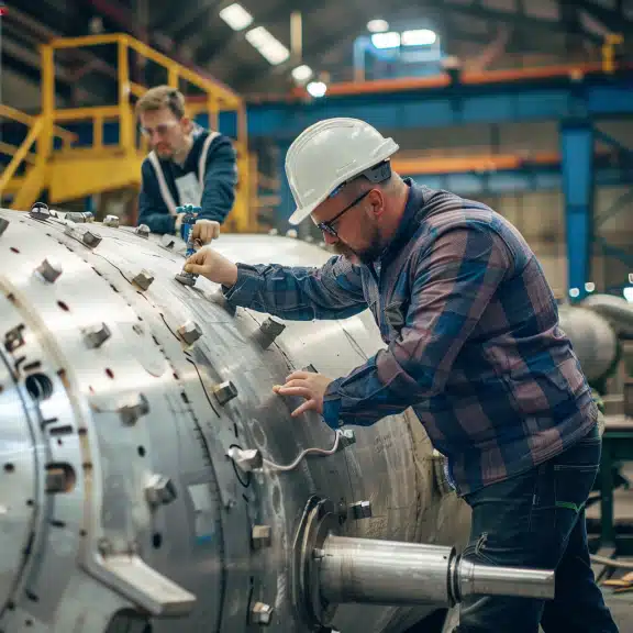 Two workers in a factory working on a large industrial pressure vessel, inspecting and adjusting it with tools nearby.