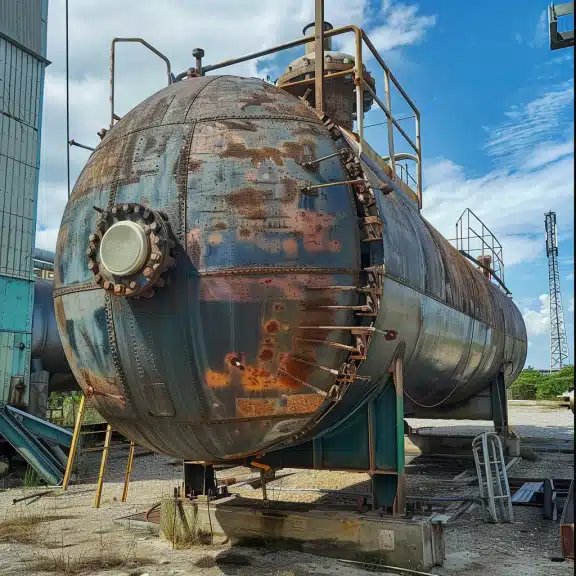 A large, rusted industrial pressure vessel or tank, surrounded by scaffolding, located outdoors with a cloudy sky.