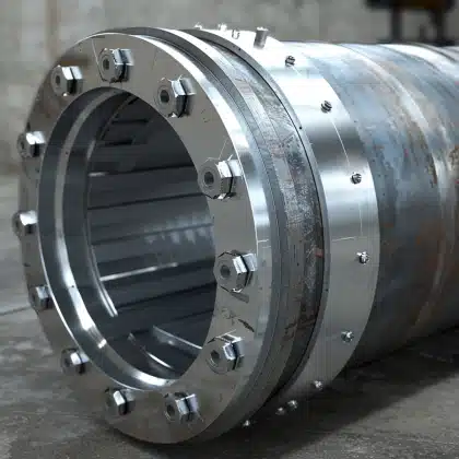 Close-up of a large industrial pipe fitting with metal flanges and bolts, commonly used in pressure vessel manufacturing.