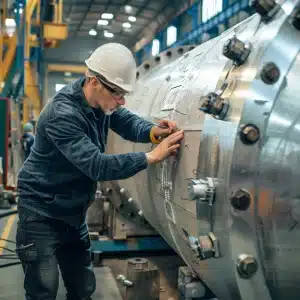 A skilled worker in a hard hat examines and inspects the large industrial pressure vessel in a workshop with bright lighting.