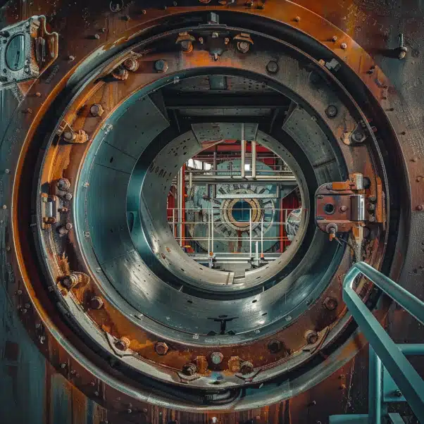 Close-up of a rusted industrial pressure vessel, showing concentric circular metal structures with bolts and inner parts.