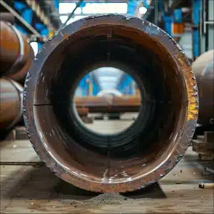 A close-up of a large steel pipe's interior and exterior in an industrial space with additional pipes in the background.