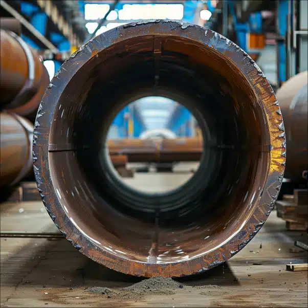 A close-up of a large steel pipe's interior and exterior in an industrial space with additional pipes in the background.