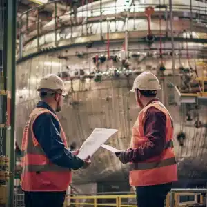 Two workers in safety vests and helmets review documents near a large industrial vessel in a factory setting.