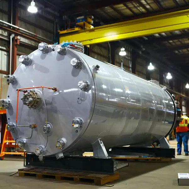 Large stainless steel pressure vessel in a manufacturing facility with workers and overhead crane in the background.