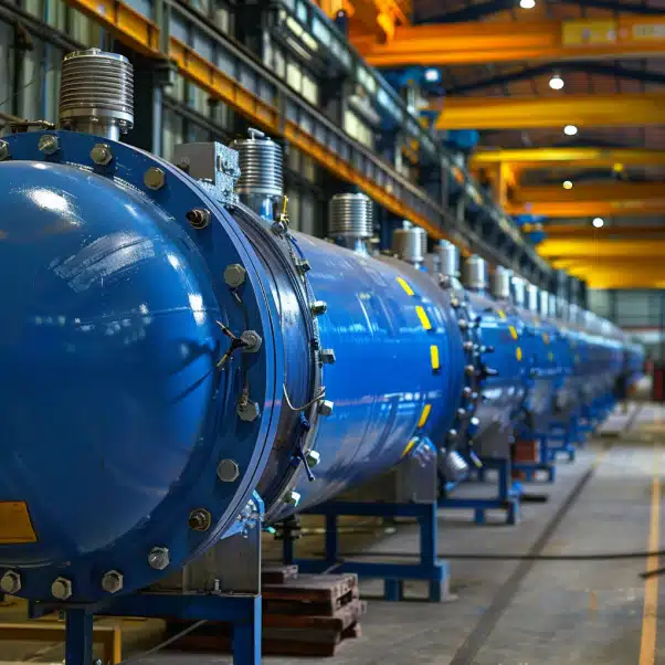 Industrial factory with blue pressure vessels lined up on the shop floor, with overhead cranes and bright lighting.
