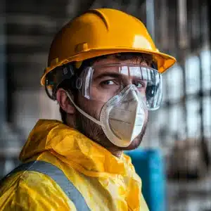 Construction worker in a yellow helmet, protective goggles, and mask, wearing safety gear in a construction site.