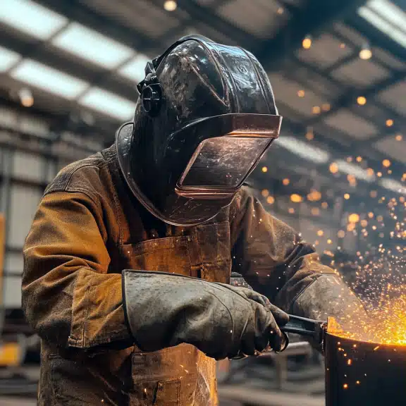 Welder wearing full protective gear working with metal as sparks fly in a dimly lit industrial fabrication workshop.