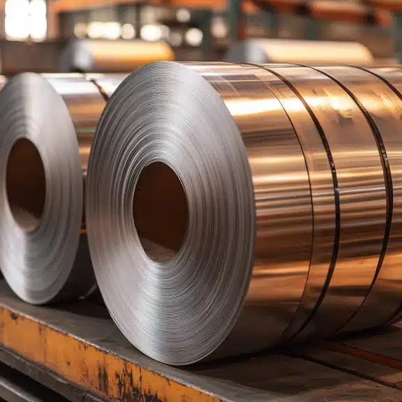 Close-up of large metallic coils in a factory setting, showcasing a smooth, shiny surface of rolled steel material.