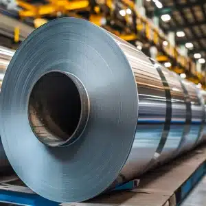 Coiled sheet metal roll in an industrial facility, gleaming under overhead lights, prepared for manufacturing use.