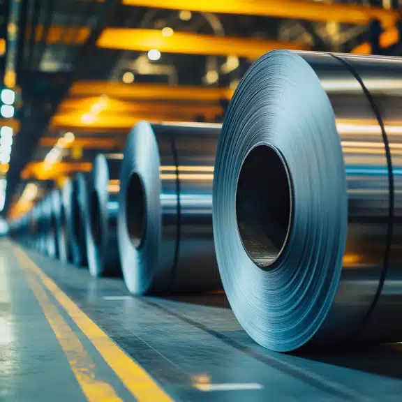 Steel coils arranged on the factory floor with metallic sheen and industrial lighting, showcasing the manufacturing process.