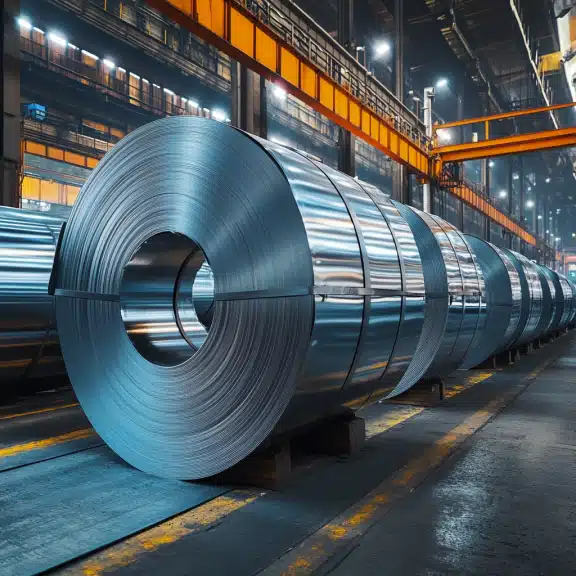Massive steel coils neatly lined up inside a bright, modern factory with overhead cranes and reflective lights.