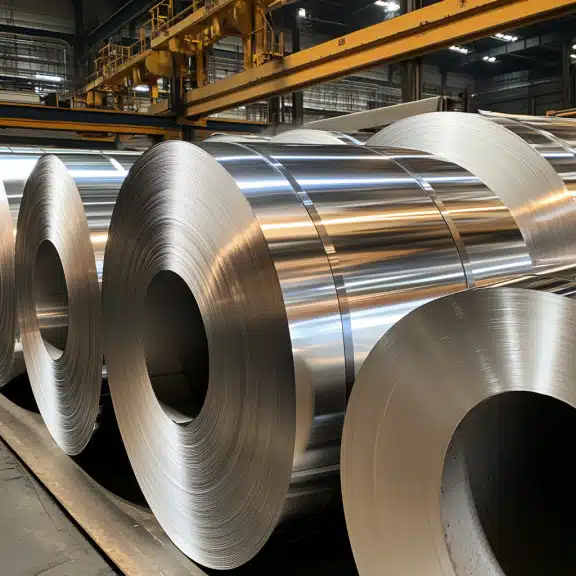 Large rolls of shiny steel coils stacked neatly in a manufacturing facility with a yellow crane overhead and bright lighting.