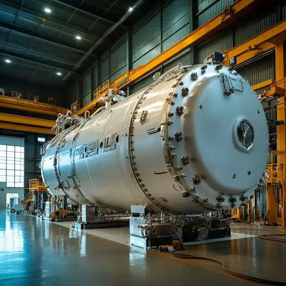 Large industrial pressure vessel in a spacious manufacturing facility, featuring detailed piping and structural components.