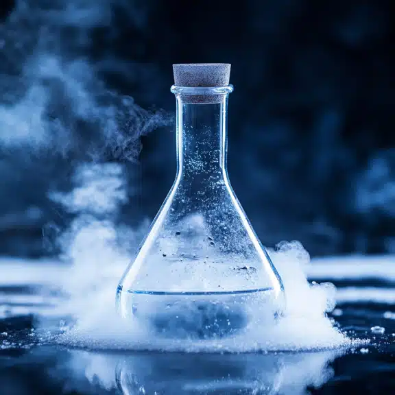 Glass flask emitting steam with condensation, placed on a surface with dry ice, creating a mysterious, foggy atmosphere.