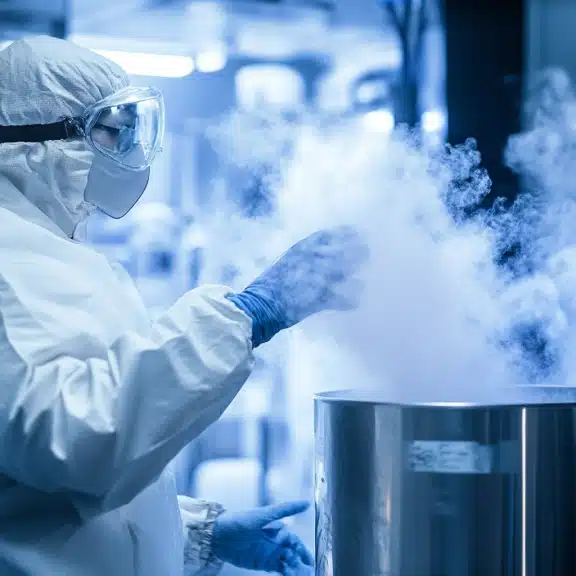 A scientist in protective gear handles a container with liquid nitrogen, surrounded by vapor in a laboratory setting.