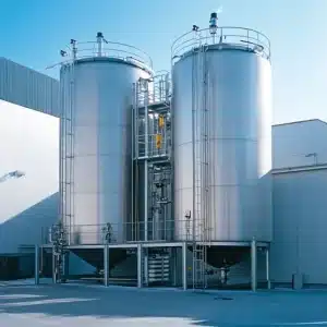 Two large metallic tanks with staircases and railings, used for industrial processes in a factory under clear skies.
