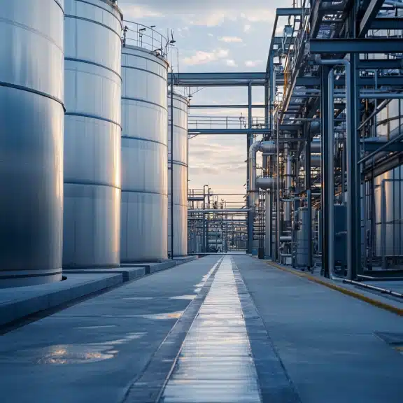 A large industrial facility with towering storage tanks and extensive piping systems, reflecting sunlight under a clear sky.