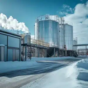 Large industrial tanks in a snow-covered landscape with clear blue skies and a cloud of steam in the background.