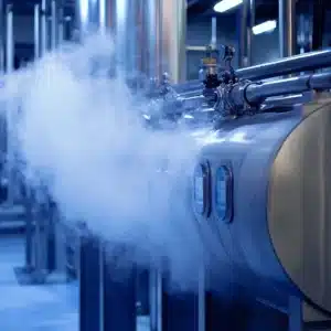 A close-up of a steam pressure vessel with pipes and valves, emitting steam in an industrial facility.