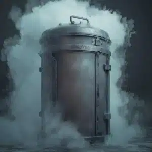 Vintage metal container with steam surrounding it, creating an industrial and mysterious atmosphere in a dark environment.