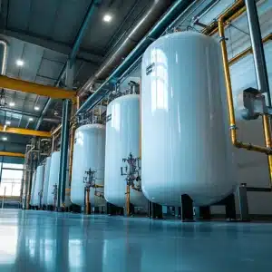A row of large white industrial pressure vessels in a factory, with pipes and valves attached for operation.