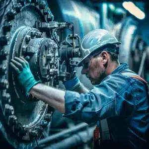 A worker in a safety helmet and gloves inspects a large industrial machine with mechanical components.