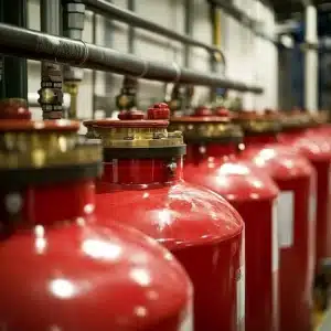 Row of red industrial pressure vessels with brass fittings and connected piping system inside a mechanical or utility room.