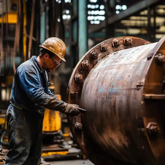 A worker in a hard hat inspects a large industrial machine in a factory, focusing on its surface and structure carefully.