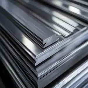 Stack of polished, precision-cut steel bars with various profiles, showing clean edges and reflective metal surfaces.