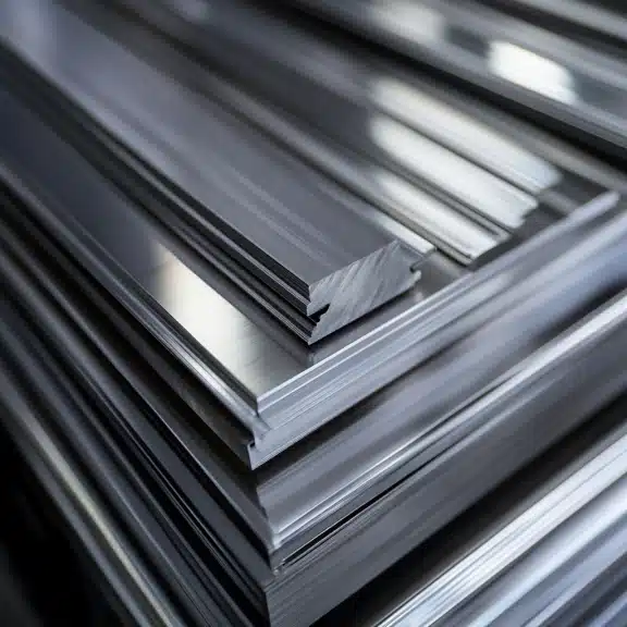 Stack of polished, precision-cut steel bars with various profiles, showing clean edges and reflective metal surfaces.
