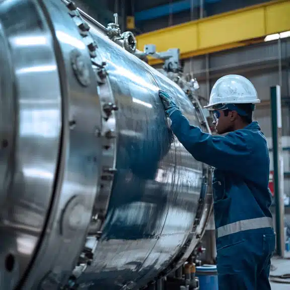 Worker in safety gear inspecting a large pressure vessel in an industrial setting, ensuring safety and quality standards.