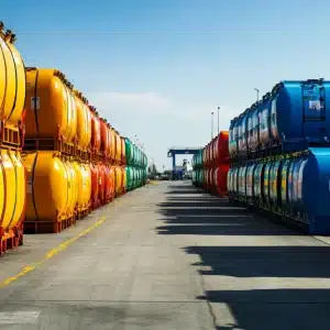 A row of colorful cylindrical containers in a shipping yard under clear blue skies with shadows cast on the ground.