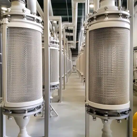 Industrial filtration system with cylindrical pressure vessels lined up in rows, showcasing metal mesh structure and piping.